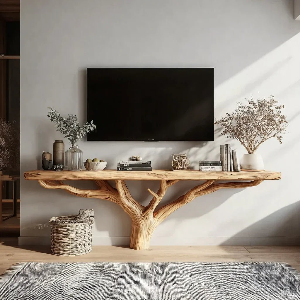 6tgh.jpg Custom Live Edge TV Stand – Solid Wood Tree Shelf Media Console, Rustic Handmade Cabinet Bookshelf - Image 1