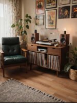 Handcrafted Record Player Stand – Natural Wood Turntable Station with Storage, Customizable Record Cube Organizer