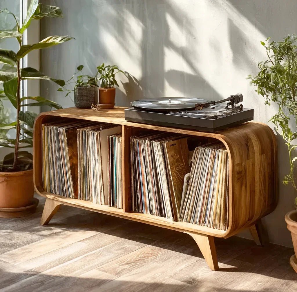 ghj_8952881c-b5e6-49f8-a6bd-6b1511263696.jpg Handcrafted Natural Wood Record Player Stand – Custom Turntable Storage Cabinet - Image 1