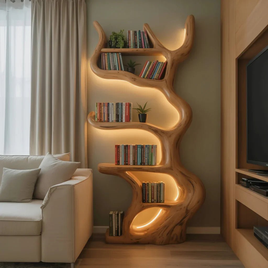 hjk_35a547c9-808e-405e-bbb6-468cdadb287c.jpg Rustic Live Edge Wooden Tree Bookshelf – Custom Wall Mounted Floating Shelf - Image 1