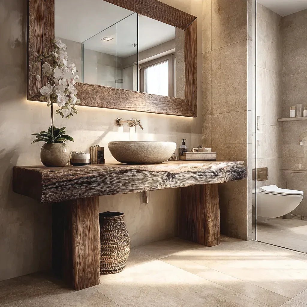 iyui.jpg Rustic Wooden Bathroom Vanity – Custom Handmade Farmhouse Shelf with Live Edge Wood Cabinet - Image 1