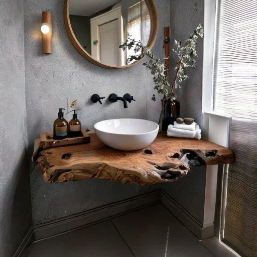 jghkhk_1.jpg Handcrafted Rustic Floating Bathroom Vanity – Custom Live Edge Shelf, Solid Wood Bathroom Decor - Image 1